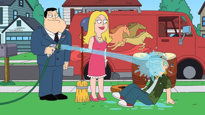 Stan spraying Jeff with a hose on American Dad!
