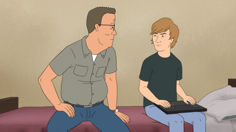 Hank Hill and Good Hank sitting on Good Hank's bed together having a chat on King of the Hill