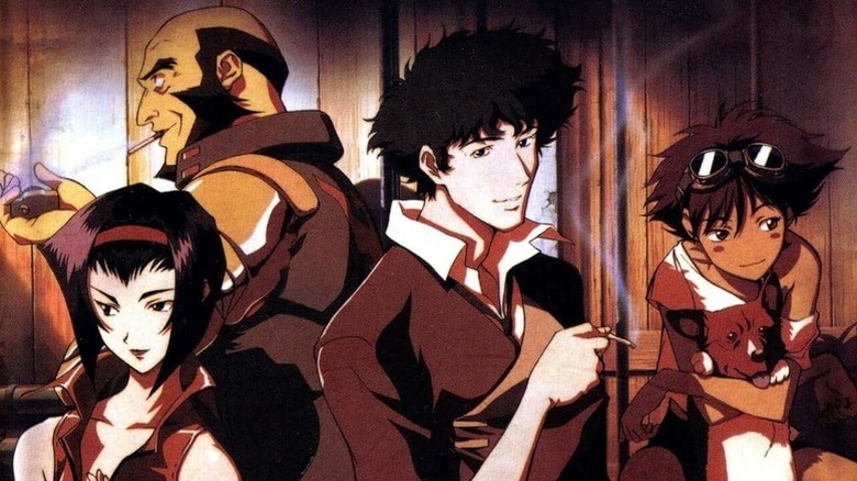 Faye Valentine, Jet Black, Spike Spiegel, Edward, and Ein standing together in the cover art for the Cowboy Bebop The Perfect Sessions DVD