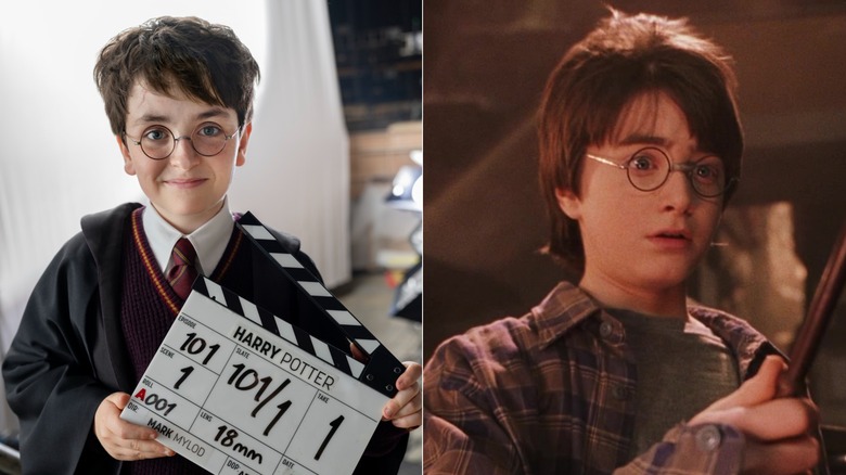 Dominic McLaughlin poses with the clapperboard for the Harry Potter TV series; Daniel Radcliffe's Harry tries a wand in Harry Potter and the Sorcerer's Stone.