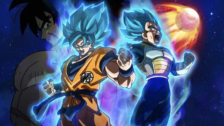 Goku and Vegeta together as Broly looks back at them in the Dragon Ball Super: Broly poster