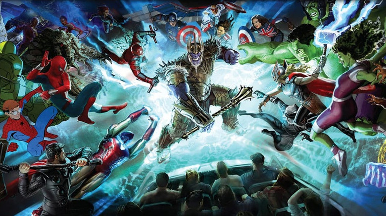 Marvel heroes including Spider-Man, Iron Man, Thor, Daredevil, Man-Thing, Thor, Shuri, Blacck Widow, Captain America, Captain Carter, Hulk, She-Hulk, and Black Panther all attack Thanos during Avengers: Infinity Defense.