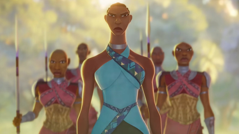 Noni walking through Wakanda flanked by soldiers of the Dora Milaje in Eyes of Wakanda
