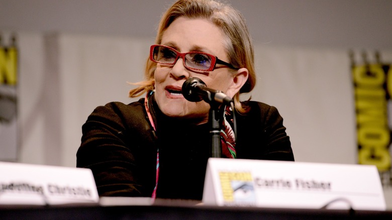 Carrie Fisher speaking on a panel at Comic Con