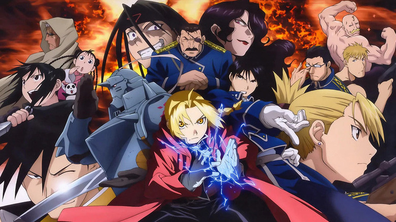Scar, May Chang, Lan Fan, Ling Yao, Envy, Wrath, Lust, Alphonse, Edward, Roy Mustang, Riza Hawkeye, Hughes, Havoc, and Armstrong in the Fullmetal Alchemist: Brotherhood poster