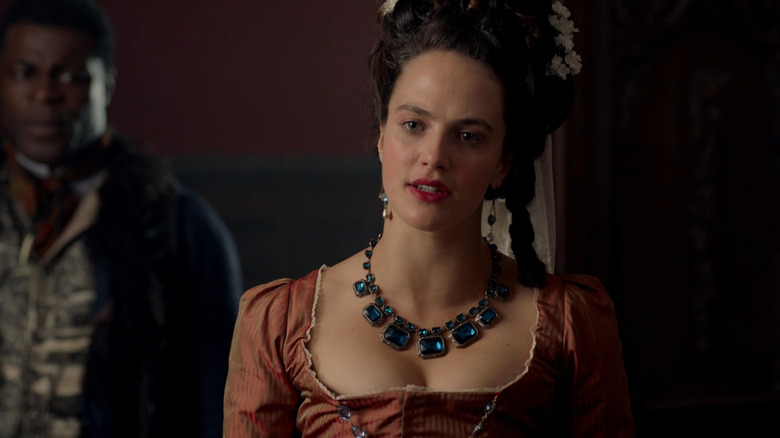 Charlotte (Jessica Brown Findlay) defending her mother in Harlots