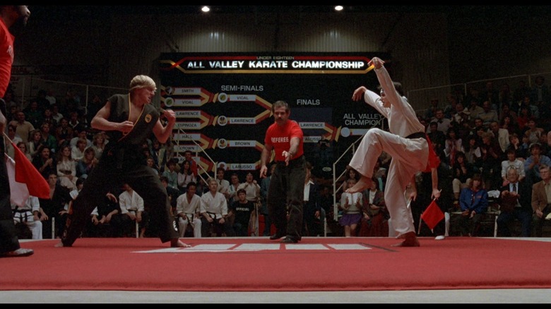 Daniel LaRusso preparing to use the crane kick on Johnny Lawrence in The Karate Kid