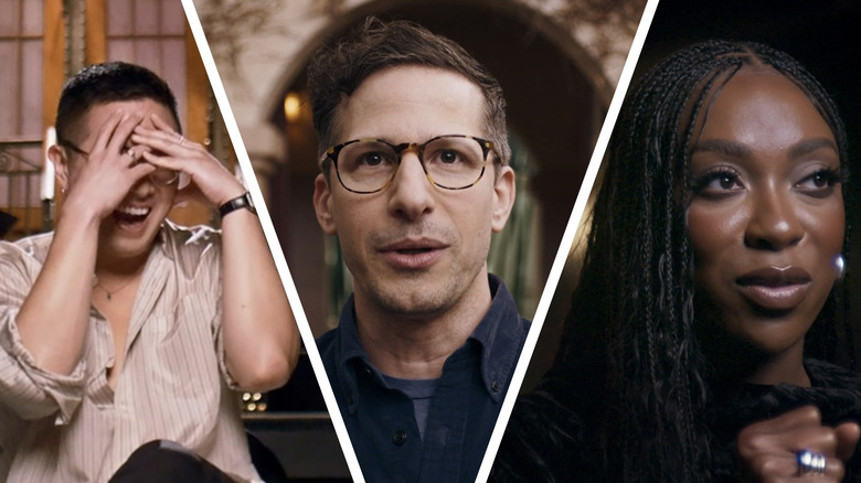 Bowen Yang, Andy Samberg, and Ego Nwodim being interviewed in an episode of SNL 50: Beyond Saturday Night