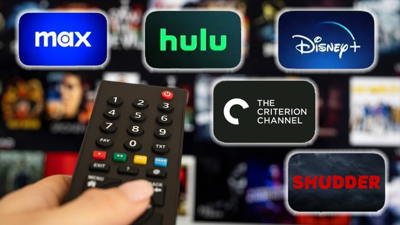 A remote pointed at the logos for Max, Hulu, Disney+, The Criterion Channel, and Shudder