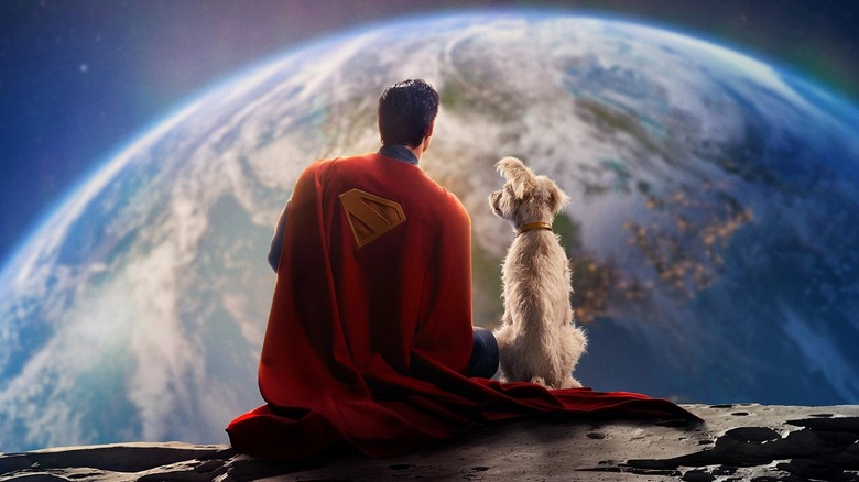 David Corenswet as Superman sitting next to Krypto the Superdog on the moon in a promotional picture for Superman