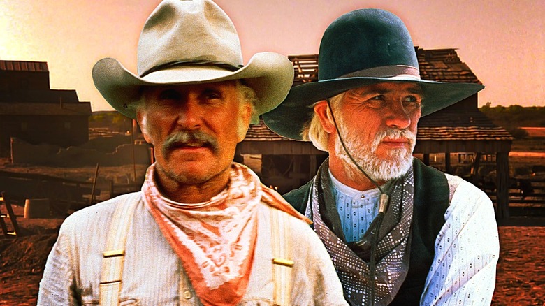 Robert Duvall and Tommy Lee Jones wearing cowboy hats against a Western backdrop from Lonesome Dove