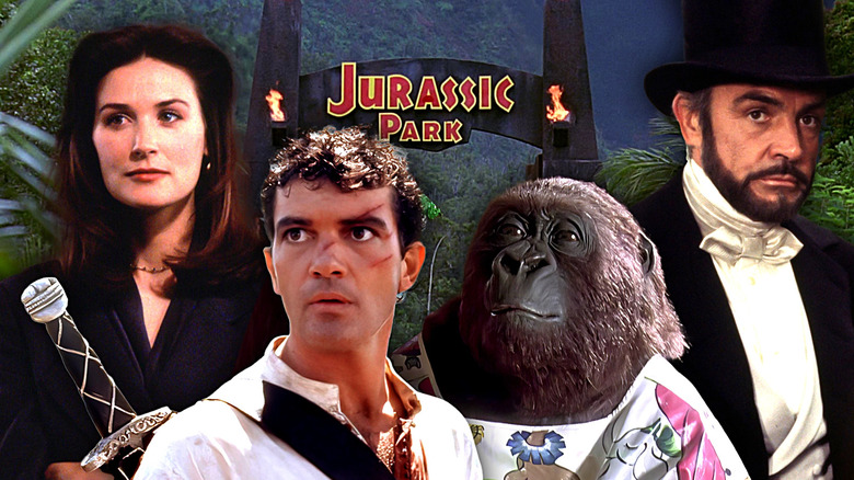 Demi Moore in Disclosure, Antonio Banderas in The 13th Warrior, Amy the gorilla in Congo, Sean Connery in The Great Train Robbery, all in front of the Jurassic Park gates