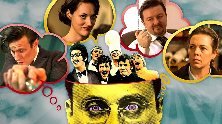 The cast of Monty Python in a head with thought bubbles including Matt Smith as The Doctor in Doctor Who, Phoebe Waller-Bridge as Fleabag in Fleabag, Ricky Gervais as David Brent in The Office, and Olivia Colman as Ellie in Broadchurch