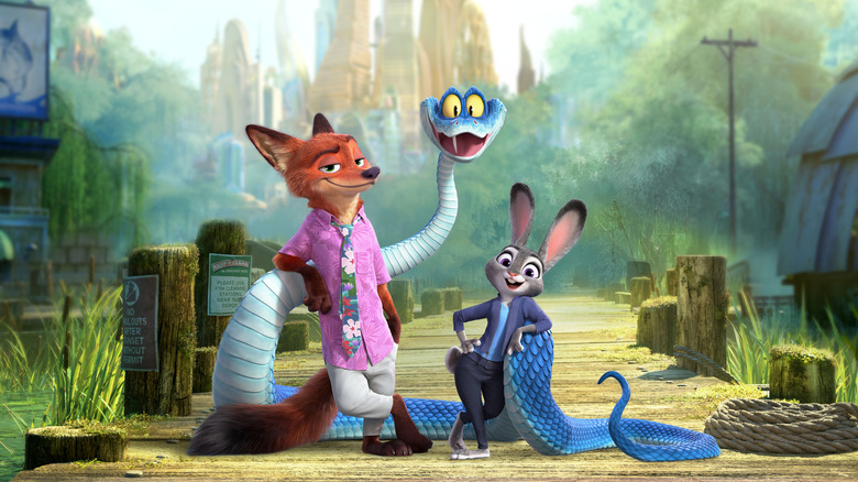 Nick Wilde, Judy Hopps, and Gary De'Snake pose in a promotional still for Zootopia 2