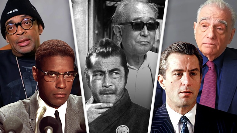 Composite of Denzel Washington and Spike Lee, Toshiro Mifune and Akira Kurosawa, and Robert De Niro and Martin Scorsese