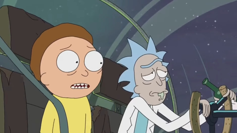A worried Morty watching drunken Rick fly his spaceship around at night in Rick and Morty
