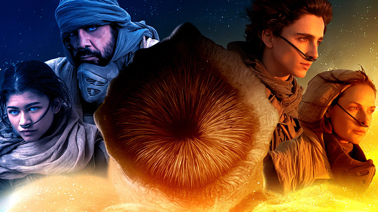 Zendaya as Chani, Javier Bardem as Stilgar, Timothée Chalamet as Paul Atreides, and Rebecca Ferguson as Lady Jessica in Dune