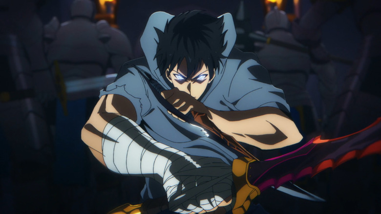 Jinwoo wielding a blade with a badass look of empowerment in Solo Leveling