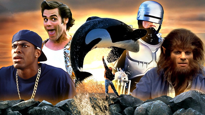 A composite image featuring Chris Tucker as Smokey from Friday, Jim Carrey as Ace Ventura in Ace Ventura: Pet Detective, Free Willy jumping over the kid, RoboCop from RoboCop, and Michael J Fox as the wolf in Teen Wolf