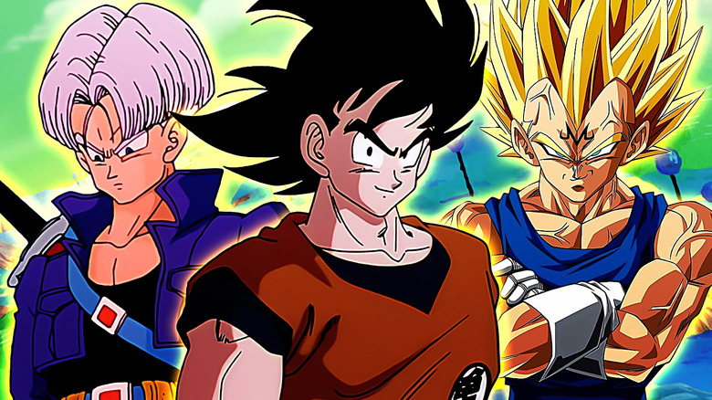 A collage of Future Trunks, Goku, and Majin Vegeta in Dragon Ball Z