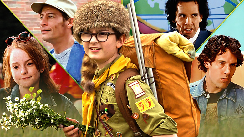 Lindsay Lohan in The Parent Tramp, Jim Varney in Ernest Goes to Camp, Jared Gillman in Moonrise Kingdom, Ben Stiller in Heavyweights, and Paul Rudd in Wet Hot American Summer in a composite image