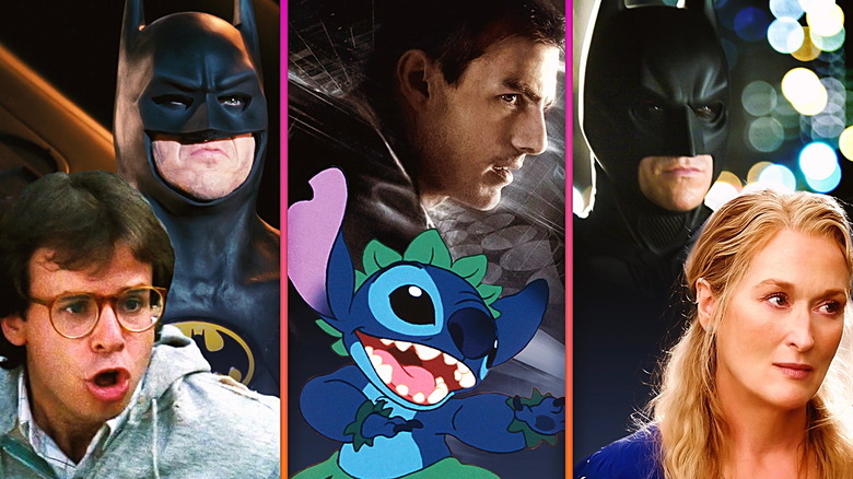 Batman (Michael Keaton) in Batman; Wayne Szalinski (Rick Moranis) in Honey, I Shrunk the Kids;  Stitch from Lilo & Stitch; John Anderton (Tom Cruise) in Minority Report; Donnar (Meryl Streep) in Mamma Mia; Batman (Christian Bale) as Batman in The Dark Knight