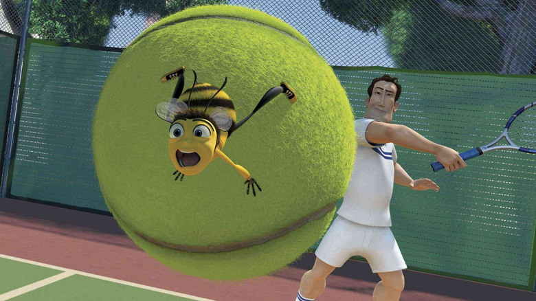 Barry B. Benson clings to an airborne tennis ball for dear life in Bee Movie