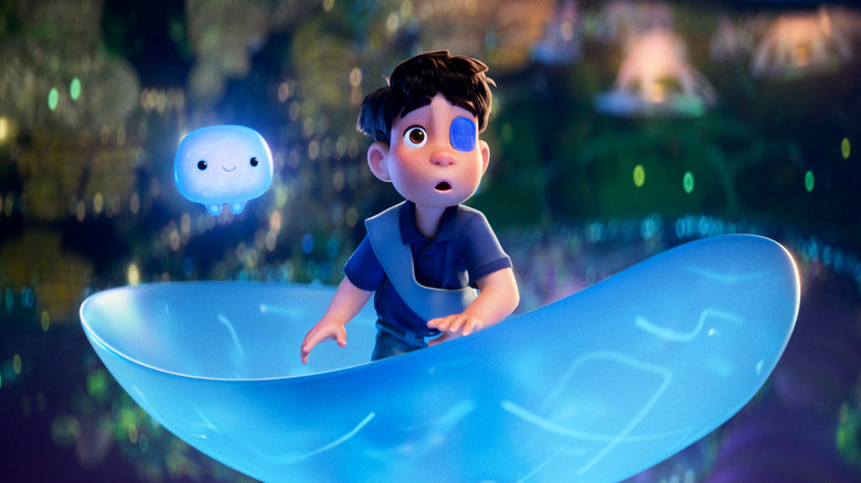 Yonas Kibreab as the voice of Elio and Shirley Henderson as the voice of OOOOO flying through the air in amazement in Elio