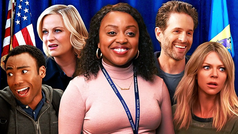 Donald Glover as Troy in Community, Amy Poehler as Leslie Knope in Parks & Recreation, Quinta Brunson as Janine in Abbott Elementary, Glenn Howerton as Jack in A.P. Bio, and Kaitlin Olson as Dee in It's Always Sunny in Philadelphia