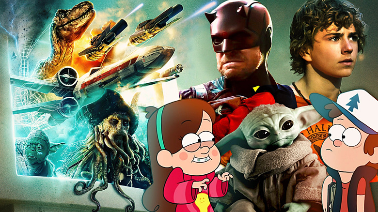 Yoda, Davey Jones, a dinosaur and an X-Wing Starfighter from Light & Magic appear on a computer screen next to Charlie Cox as Daredevil in Daredevil: Born Again, Walker Scobell as Percy Jackson in Percy Jackson and the Olympians, Grogu from The Mandalorian, and Mabel and Dipper from Gravity Falls