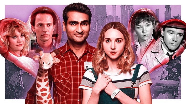 Meg Ryan as Sally Albright and Billy Crystal as Harry Burns in When Harry Met Sally..., Kumail Nanjiani as Kumail and Zoe Kazan as Emily in The Big Sick, and Shirley MacLaine as Fran Kubelik and Jack Lemmon as C.C. 