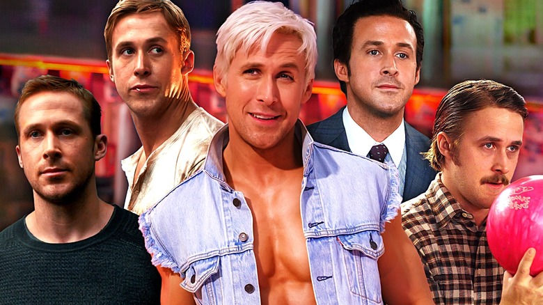 Composite of Ryan Gosling as Officer K in Blade Runner 2049, The Driver in Drive, Ken in Barbie, Jared Vennett in The Big Short, and Lars in Lars and the Real Girl