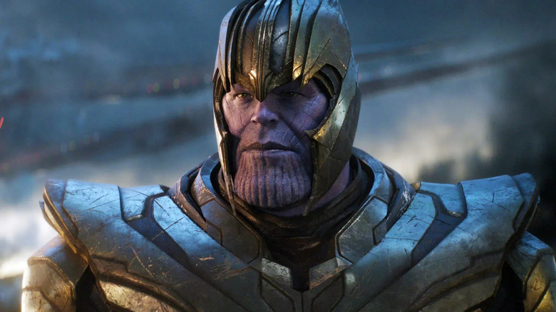 Thanos ins his full battle armor looms over the battlefield in Avengers: Endgame.