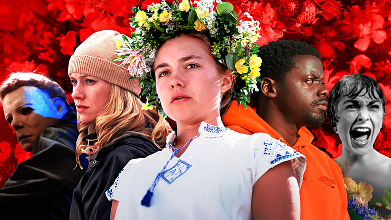 Michael Myers in Halloween (1978), Naomi Watts in The Ring, Florence Pugh in Midsommar, Daniel Kaluuya in Nope, and Janet Leigh in Psycho in a composite image