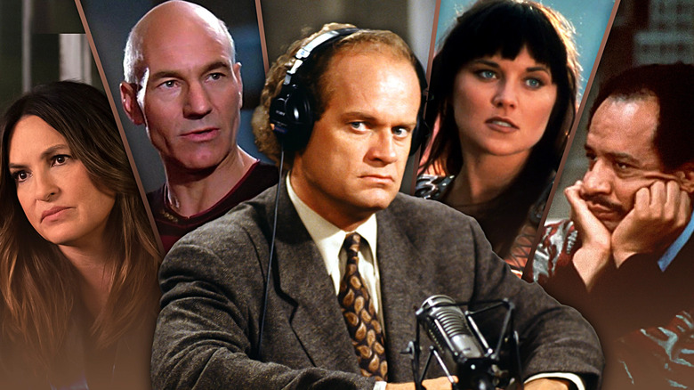 Mariska Hargitay, Patrick Stewart, Kelsey Grammer, Lucy Lawless, and Sherman Hemsley in a collage.