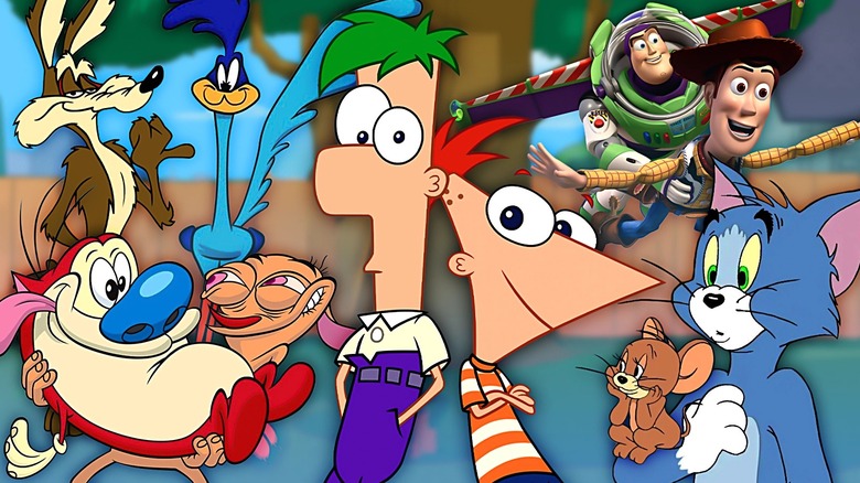 Composite image of Ren and Stimpy, Wile E. Coyote and Road Runner, Phineas and Ferb, Woody and Buzz Lightyear, and Tom and Jerry