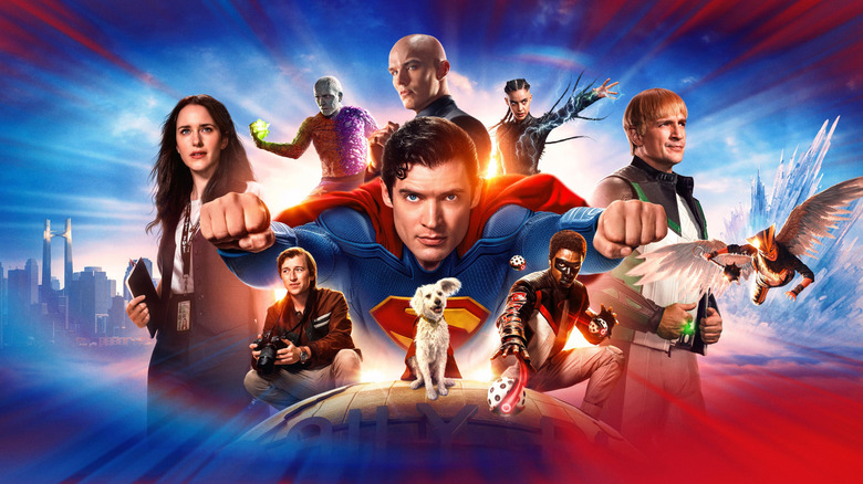 The ensemble cast of James Gunn's Superman (L-R, clockwise): Lois Lane (Rachel Brosnahan), Metamorpho (Anthony Carrigan), Lex Luthor (Nicholas Hoult), Superman (David Corenswet), The Engineer (María Gabriela de Faría), Guy Gardner (Nathan Fillion), Hawkgirl (Isabela Merced), Mr. Terrific (Edi Gathegi), Krypto, and Jimmy Olsen (Skyler Gisondo).