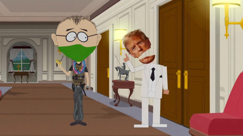 Mr. Garrison and Donald Trump standing in a Mar-a-Lago hallway in South Park
