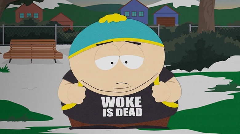 Cartman looks sad while wearing a Woke Is Dead shirt in South Park