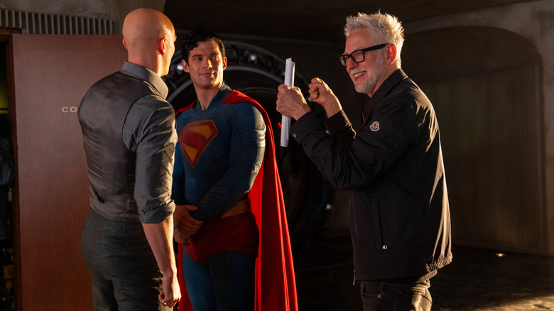 Nicholas Hoult, David Corenswet, and director James Gunn on the set of Superman