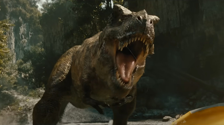 The T-rex roaring at the raft in Jurassic World Rebirth