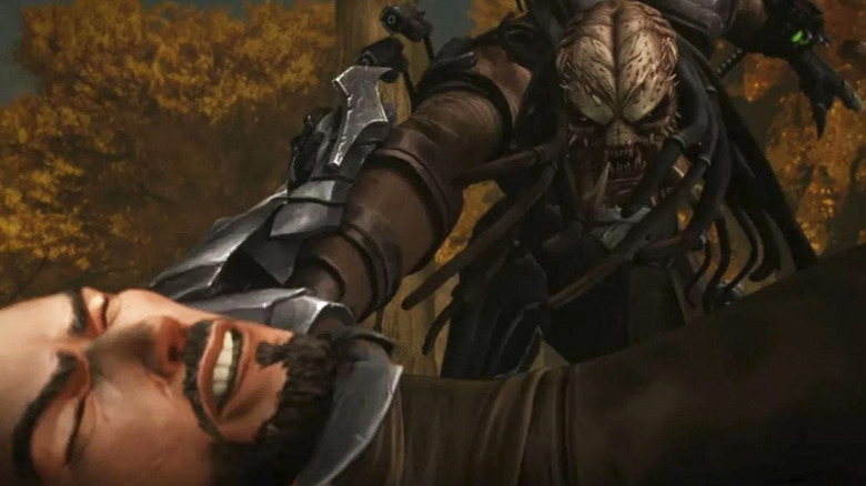 A Yautja chokes a human man in an image from Predator: Killer of Killers