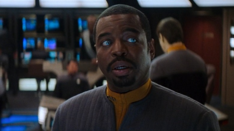 LeVar Burton as Geordi La Forge in Star Trek: Nemesis, looking to the right and talking