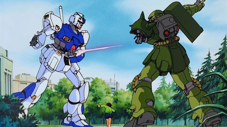 Al Izuruha runs towards two battling Gundams in a city park in Mobile Suit Gundam 0080: War in the Pocket