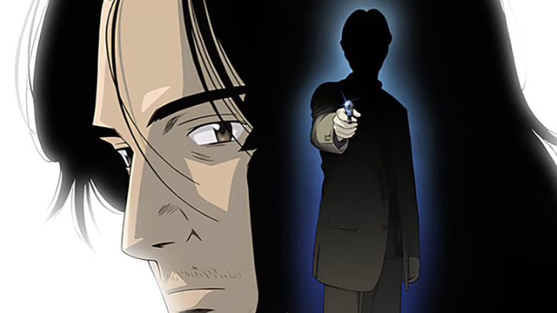 Doctor Tenma looking back overlayed with the silhouette of Johan Liebert holding a gun in the Monster poster