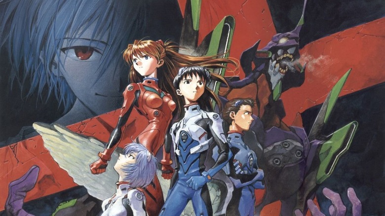 Asuka, Rei, Shinji, and Toji standing as Eva Unit-01 roars and Kaworu overlooks them in the Neon Genesis Evangelion poster