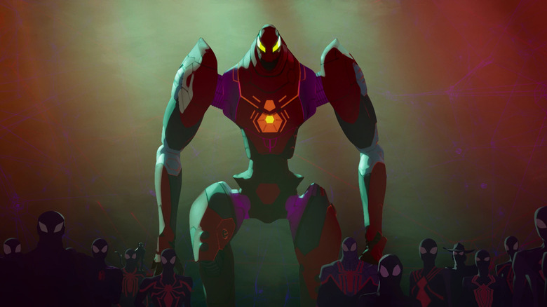 SP//dr robot surrounded by Spider-Men in Spider-Man: Across the Spider-Verse