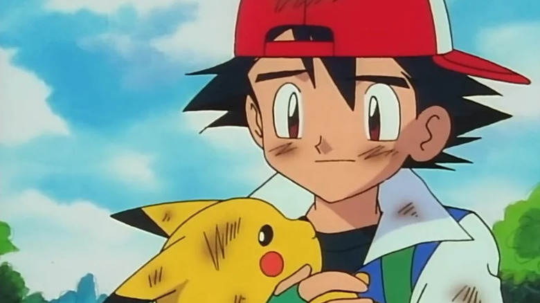 A dirty Ash Ketchum holding a dirty Pikachu on the original Pokemon anime series
