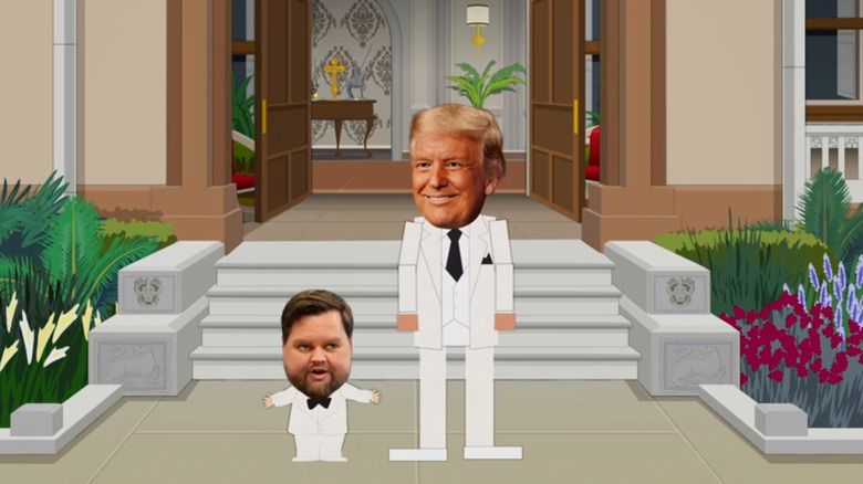 Tiny JD Vance and Donald Trump standing in front of the Mar-a-Lago entrance in South Park