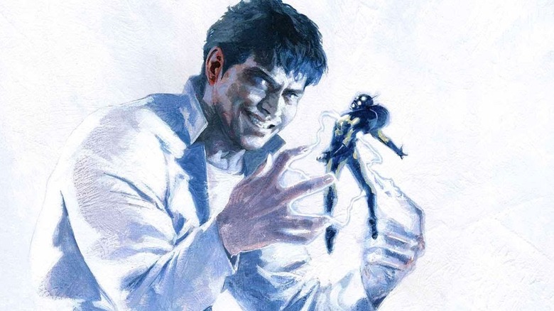 The Beyonder in Marvel Comics wearing a white jacket and using electric energy on Yellowjacket in Marvel Comics